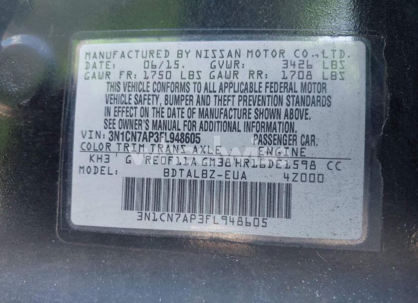 Photo 9 of 2015 Nissan Versa 1.6 SV (VIN 3N1CN7AP3FL948605)