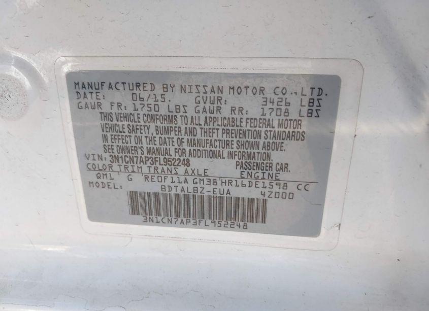 Photo 9 of 2015 Nissan Versa 1.6 SV (VIN 3N1CN7AP3FL952248)