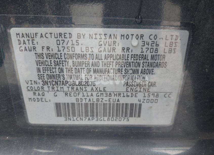 Photo 9 of 2016 Nissan Versa 1.6 S/1.6 S+/1.6 SL/1.6 SV (VIN 3N1CN7AP3GL802075)