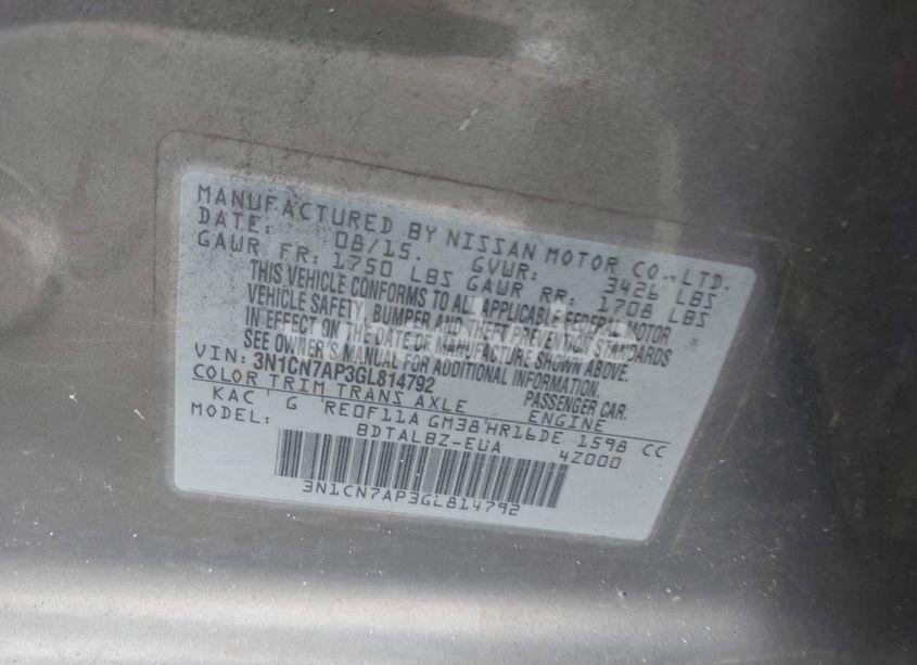 Photo 9 of 2016 Nissan Versa 1.6 S/1.6 S+/1.6 SL/1.6 SV (VIN 3N1CN7AP3GL814792)