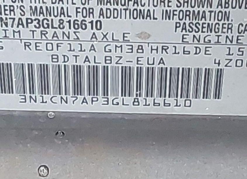 Photo 9 of 2016 Nissan Versa 1.6 SV (VIN 3N1CN7AP3GL816610)