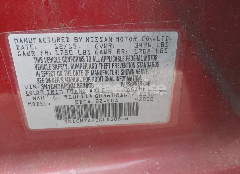 Photo 9 of 2016 Nissan Versa 1.6 S/1.6 S+/1.6 SL/1.6 SV (VIN 3N1CN7AP3GL850868)