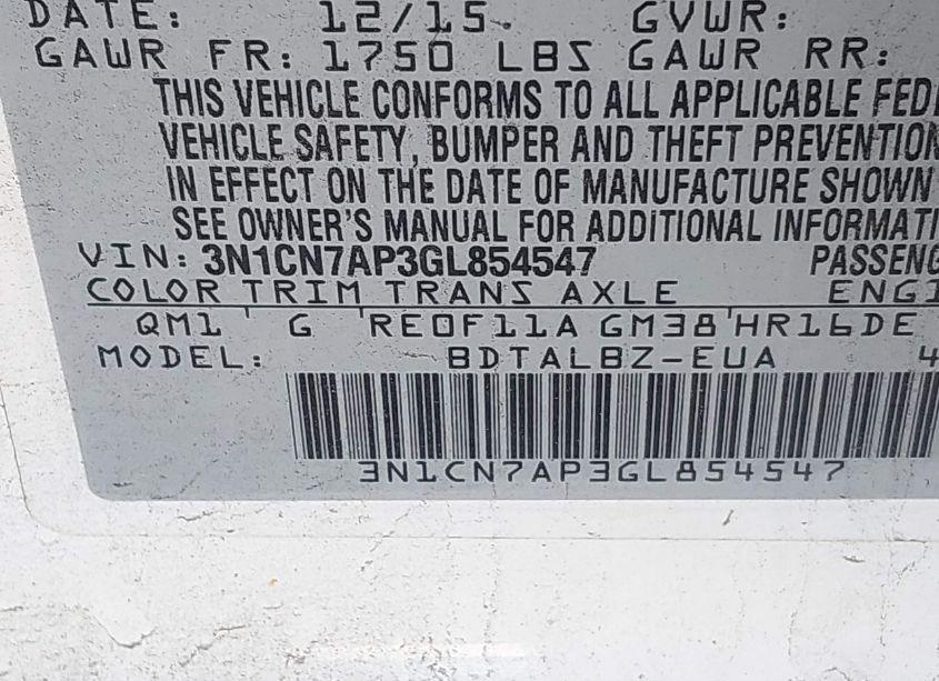 Photo 9 of 2016 Nissan Versa (VIN 3N1CN7AP3GL854547)