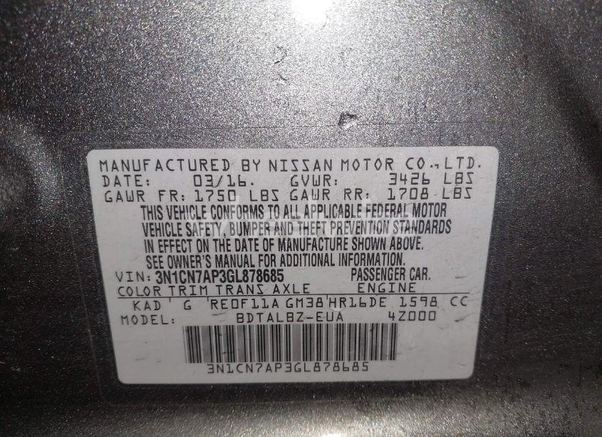 Photo 9 of 2016 Nissan Versa 1.6 S/1.6 S+/1.6 SL/1.6 SV (VIN 3N1CN7AP3GL878685)