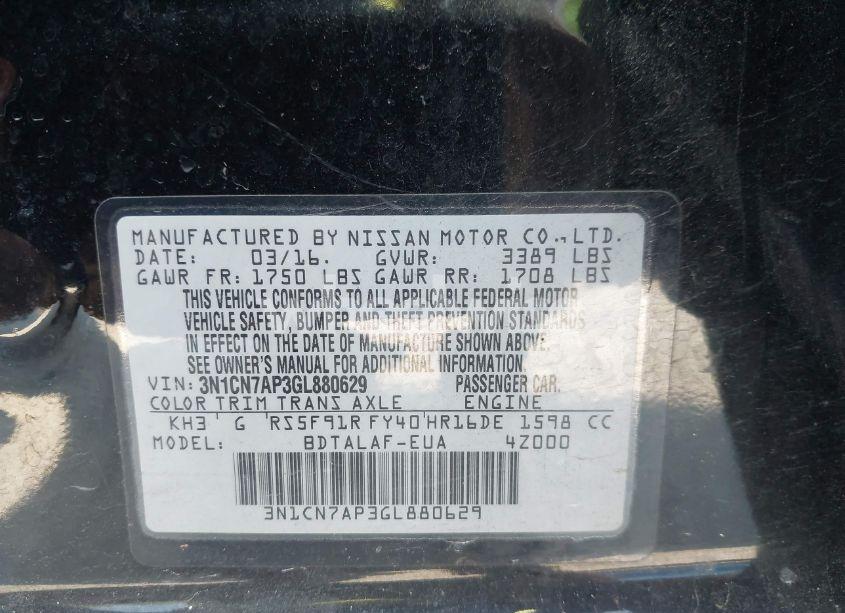 Photo 9 of 2016 Nissan Versa 1.6 S (VIN 3N1CN7AP3GL880629)