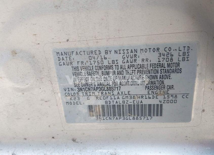 Photo 9 of 2016 Nissan Versa 1.6 S/1.6 S+/1.6 SL/1.6 SV (VIN 3N1CN7AP3GL885717)