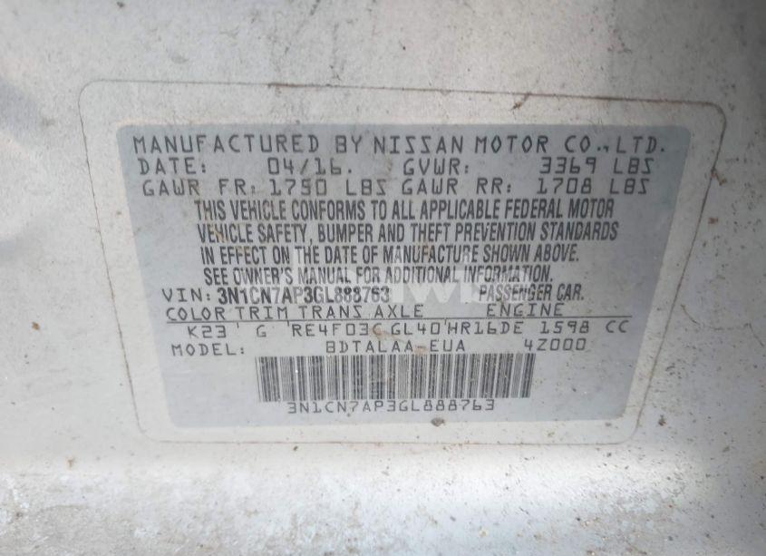 Photo 9 of 2016 Nissan Versa 1.6 S (VIN 3N1CN7AP3GL888763)