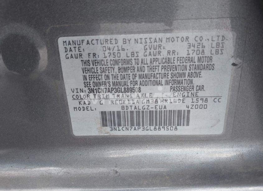 Photo 9 of 2016 Nissan Versa 1.6 SL (VIN 3N1CN7AP3GL889508)