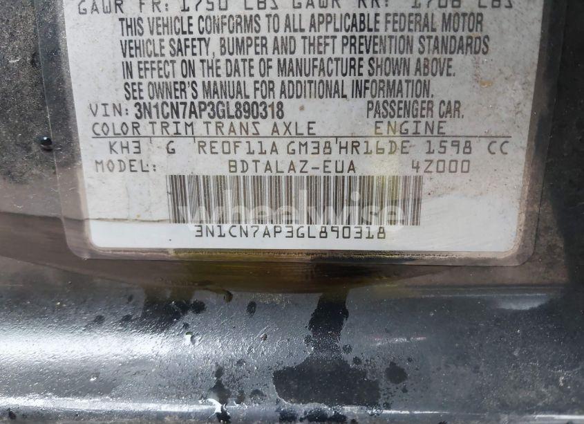 Photo 9 of 2016 Nissan Versa 1.6 S+ (VIN 3N1CN7AP3GL890318)