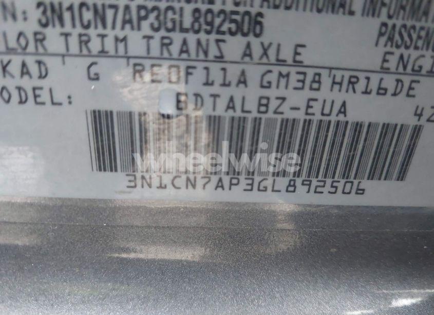 Photo 9 of 2016 Nissan Versa 1.6 S/1.6 S+/1.6 SL/1.6 SV (VIN 3N1CN7AP3GL892506)