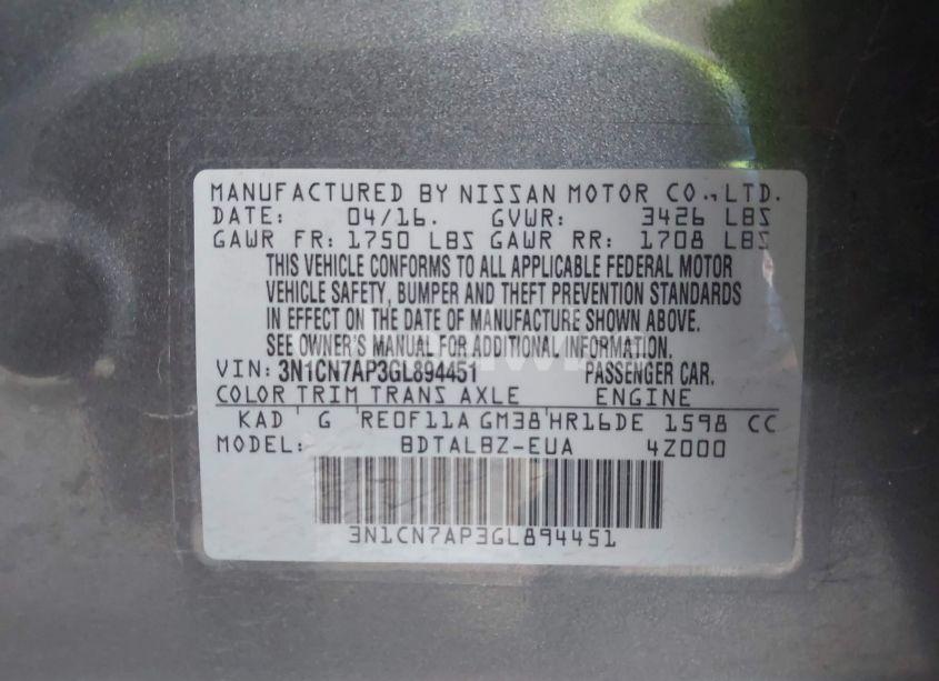 Photo 9 of 2016 Nissan Versa 1.6 SV (VIN 3N1CN7AP3GL894451)