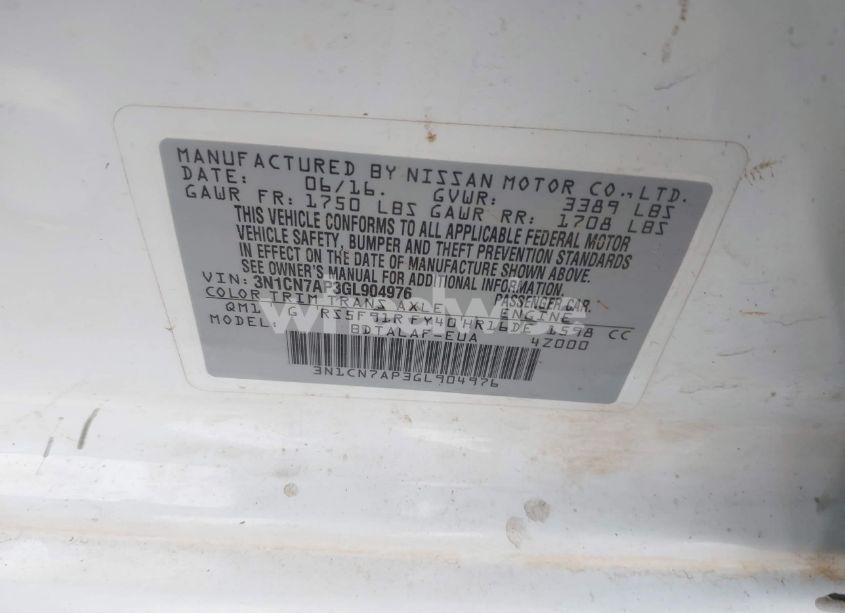 Photo 9 of 2016 Nissan Versa 1.6 S (VIN 3N1CN7AP3GL904976)