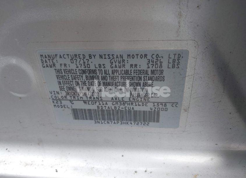 Photo 9 of 2017 Nissan Versa 1.6 SV (VIN 3N1CN7AP3HK472722)