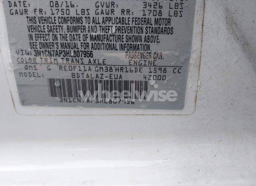 Photo 9 of 2017 Nissan Versa 1.6 S+ (VIN 3N1CN7AP3HL807956)