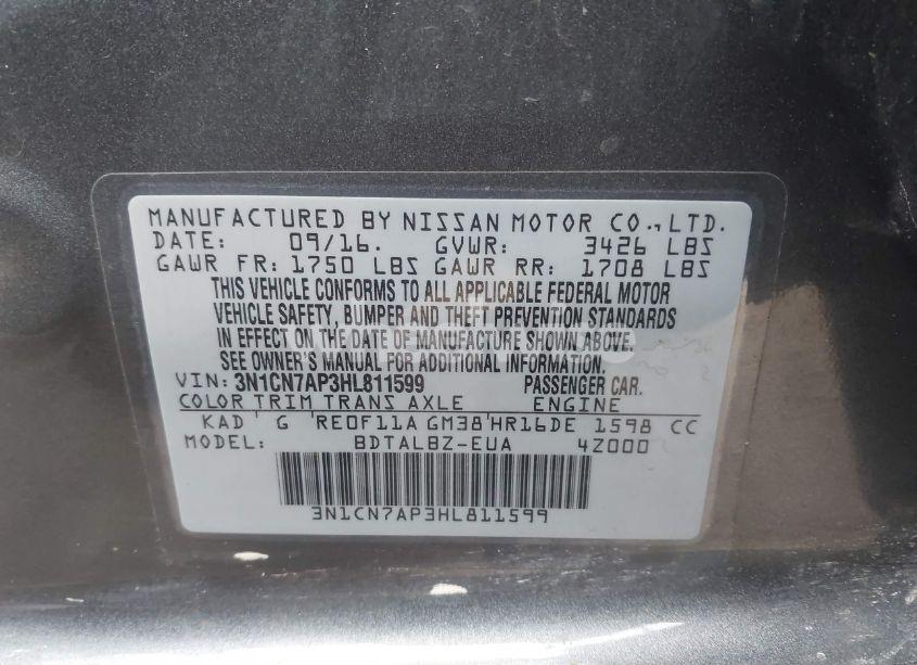 Photo 9 of 2017 Nissan Versa 1.6 SV (VIN 3N1CN7AP3HL811599)