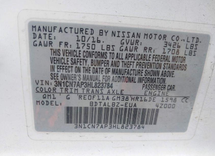 Photo 9 of 2017 Nissan Versa 1.6 SV (VIN 3N1CN7AP3HL823784)