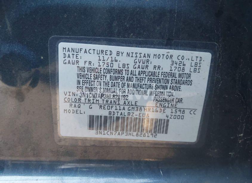 Photo 9 of 2017 Nissan Versa 1.6 SV (VIN 3N1CN7AP3HL828192)