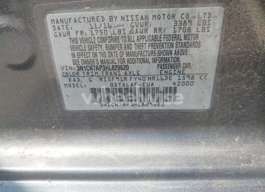 Photo 9 of 2017 Nissan Versa 1.6 S (VIN 3N1CN7AP3HL829620)