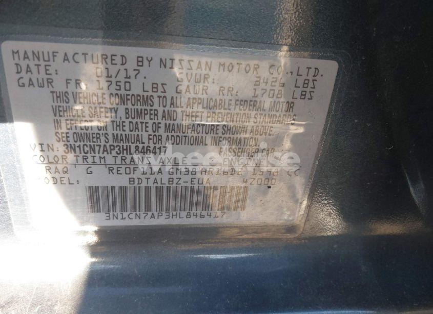 Photo 9 of 2017 Nissan Versa 1.6 SV (VIN 3N1CN7AP3HL846417)