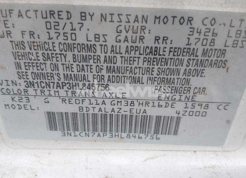 Photo 9 of 2017 Nissan Versa 1.6 S+ (VIN 3N1CN7AP3HL846756)