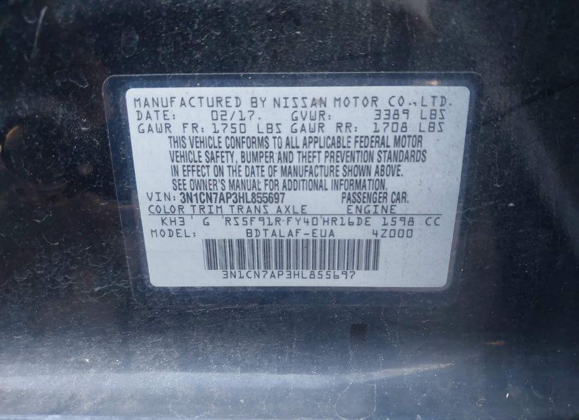 Photo 9 of 2017 Nissan Versa 1.6 S (VIN 3N1CN7AP3HL855697)