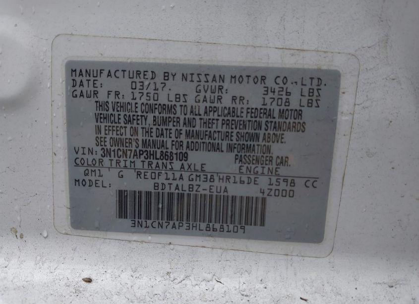 Photo 9 of 2017 Nissan Versa 1.6 SV (VIN 3N1CN7AP3HL868109)