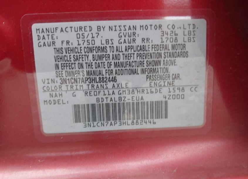 Photo 9 of 2017 Nissan Versa 1.6 SV (VIN 3N1CN7AP3HL882446)