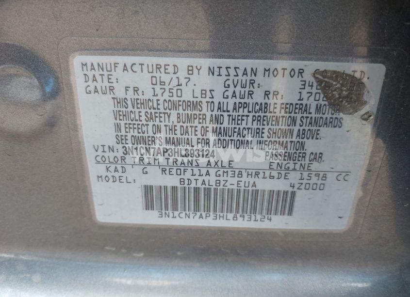 Photo 9 of 2017 Nissan Versa 1.6 SV (VIN 3N1CN7AP3HL893124)