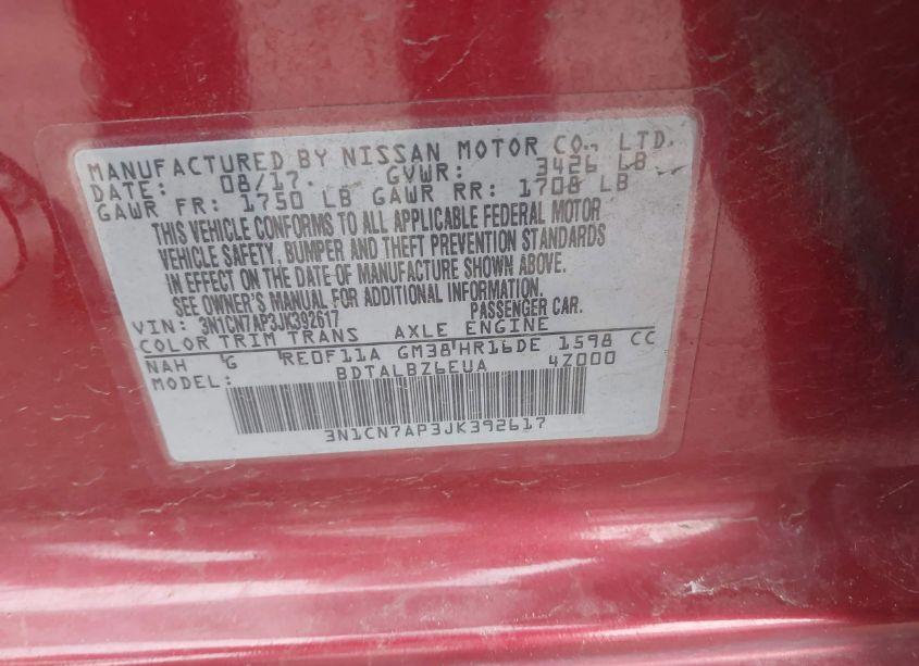 Photo 9 of 2018 Nissan Versa 1.6 SV (VIN 3N1CN7AP3JK392617)