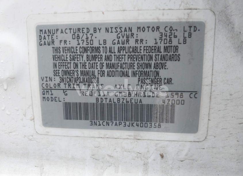 Photo 9 of 2018 Nissan Versa 1.6 SV (VIN 3N1CN7AP3JK400358)