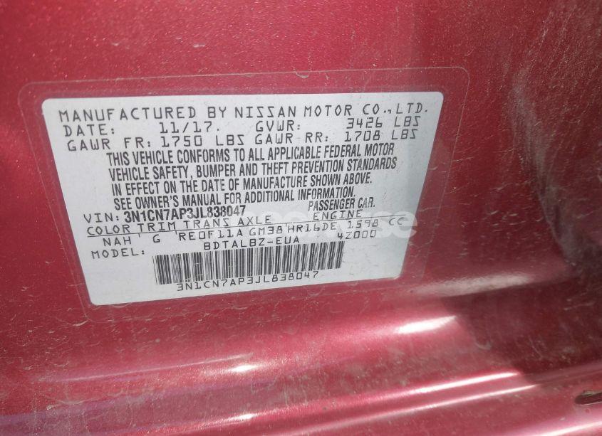 Photo 9 of 2018 Nissan Versa 1.6 SV (VIN 3N1CN7AP3JL838047)