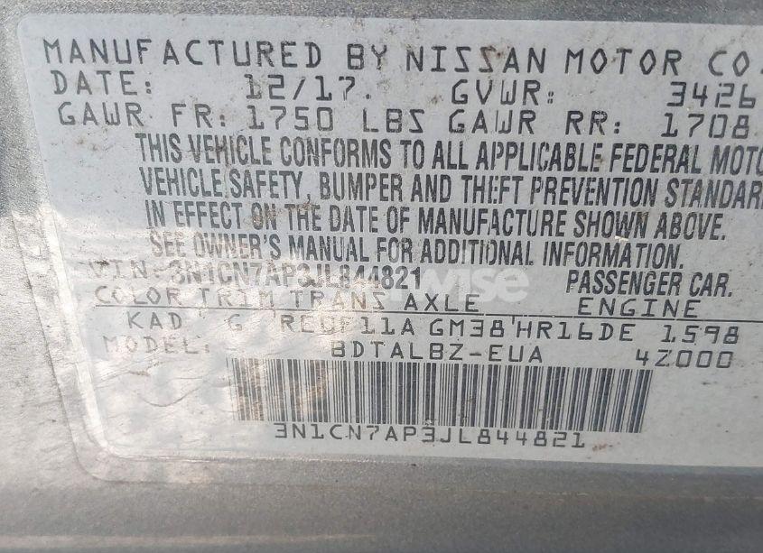 Photo 9 of 2018 Nissan Versa 1.6 SV (VIN 3N1CN7AP3JL844821)