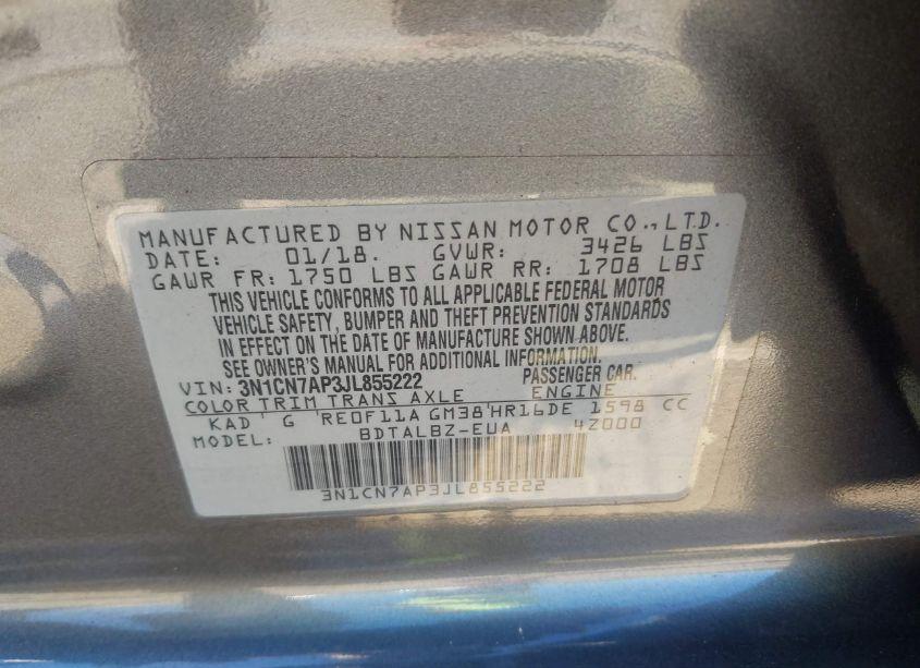 Photo 9 of 2018 Nissan Versa 1.6 SV (VIN 3N1CN7AP3JL855222)