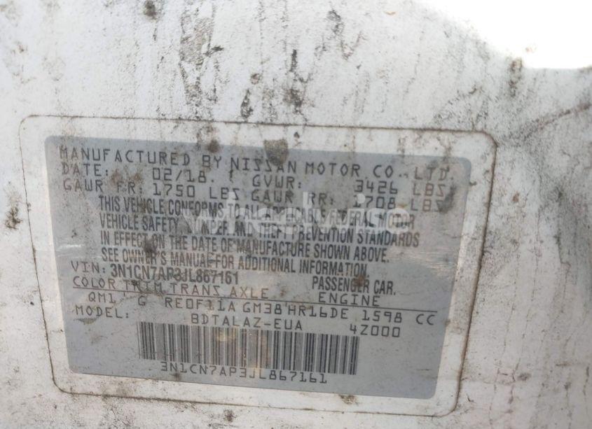 Photo 9 of 2018 Nissan Versa 1.6 S+ (VIN 3N1CN7AP3JL867161)