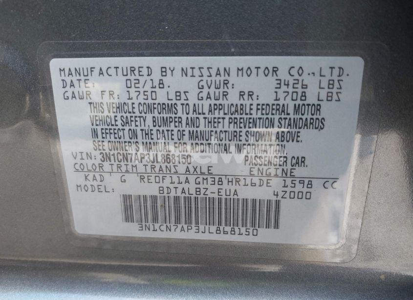 Photo 9 of 2018 Nissan Versa 1.6 SV (VIN 3N1CN7AP3JL868150)