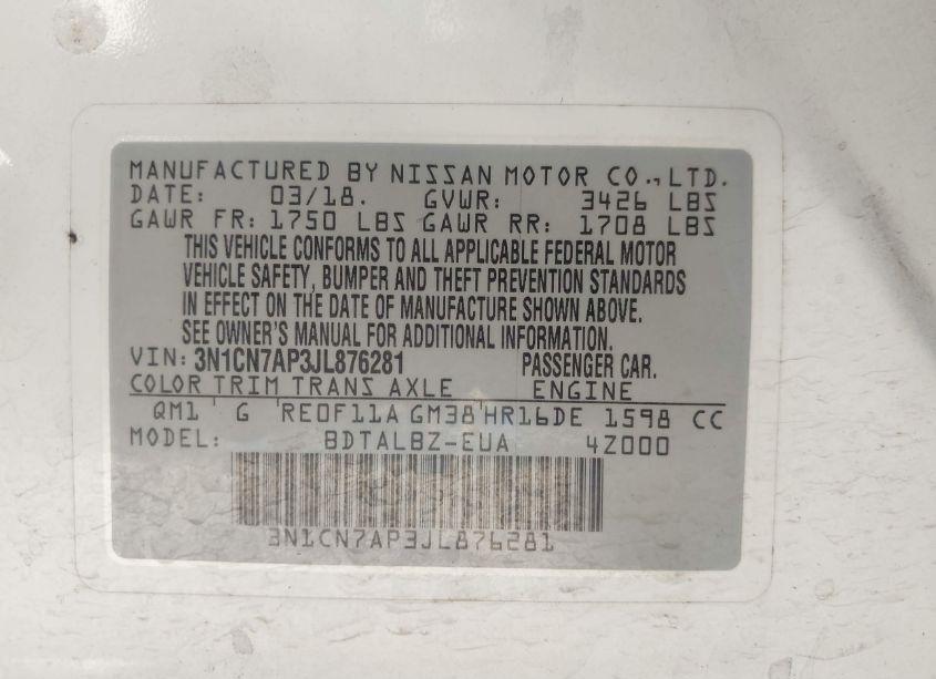 Photo 9 of 2018 Nissan Versa 1.6 SV (VIN 3N1CN7AP3JL876281)