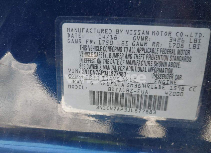 Photo 9 of 2018 Nissan Versa 1.6 SV (VIN 3N1CN7AP3JL877883)