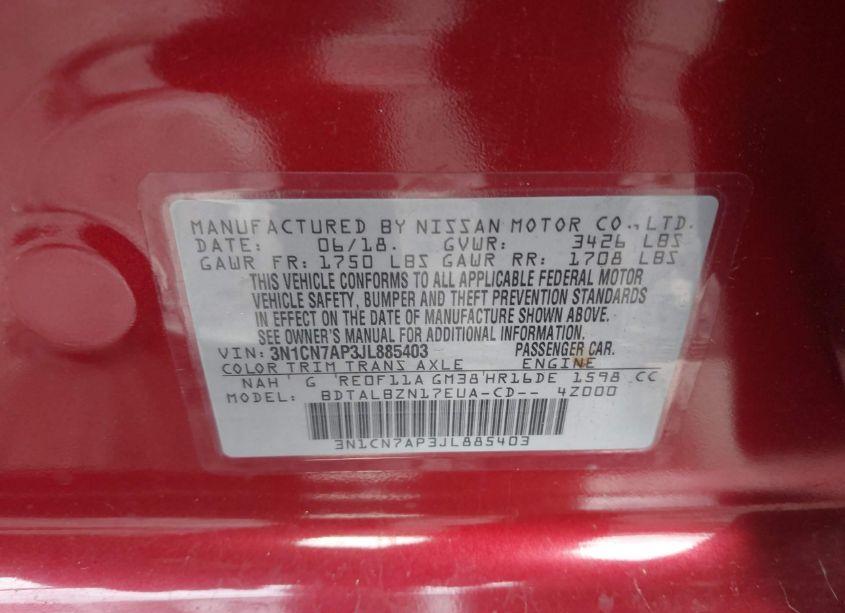 Photo 9 of 2018 Nissan Versa 1.6 SV (VIN 3N1CN7AP3JL885403)