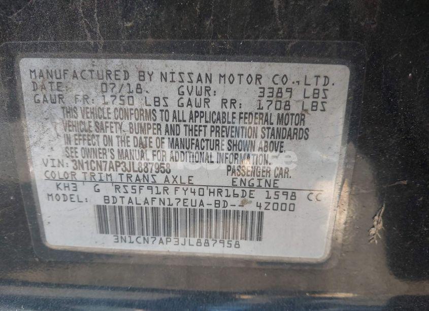 Photo 9 of 2018 Nissan Versa 1.6 S (VIN 3N1CN7AP3JL887958)