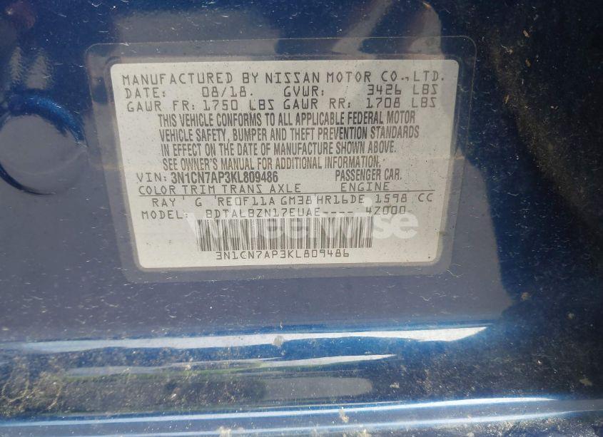 Photo 9 of 2019 Nissan Versa 1.6 SV (VIN 3N1CN7AP3KL809486)