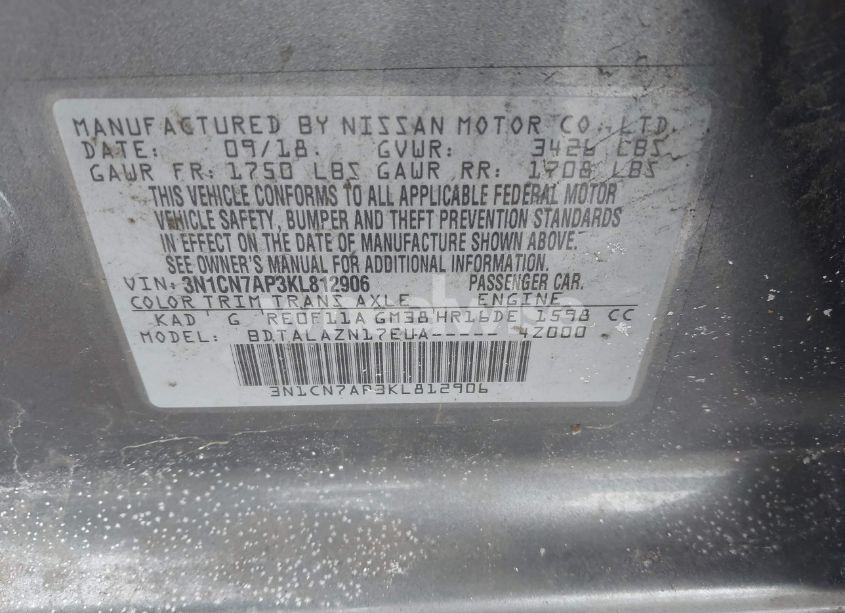 Photo 9 of 2019 Nissan Versa 1.6 S+ (VIN 3N1CN7AP3KL812906)