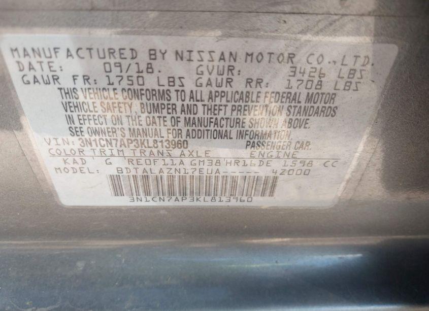 Photo 9 of 2019 Nissan Versa 1.6 S+ (VIN 3N1CN7AP3KL813960)