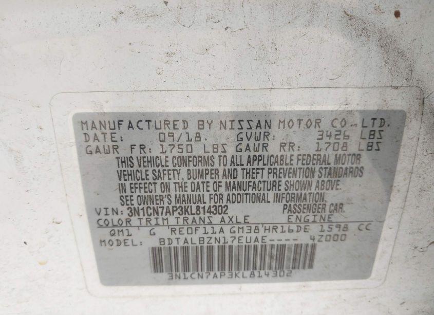 Photo 9 of 2019 Nissan Versa 1.6 SV (VIN 3N1CN7AP3KL814302)