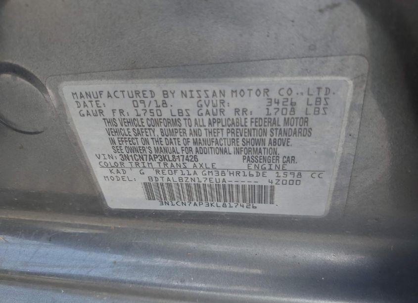 Photo 9 of 2019 Nissan Versa 1.6 SV (VIN 3N1CN7AP3KL817426)