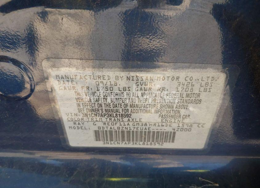 Photo 9 of 2019 Nissan Versa 1.6 SV (VIN 3N1CN7AP3KL818592)