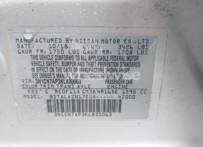 Photo 9 of 2019 Nissan Versa 1.6 S+ (VIN 3N1CN7AP3KL830063)