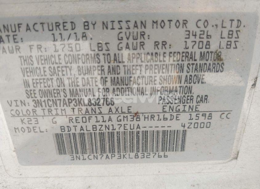 Photo 9 of 2019 Nissan Versa S/S PLUS/SV (VIN 3N1CN7AP3KL832766)