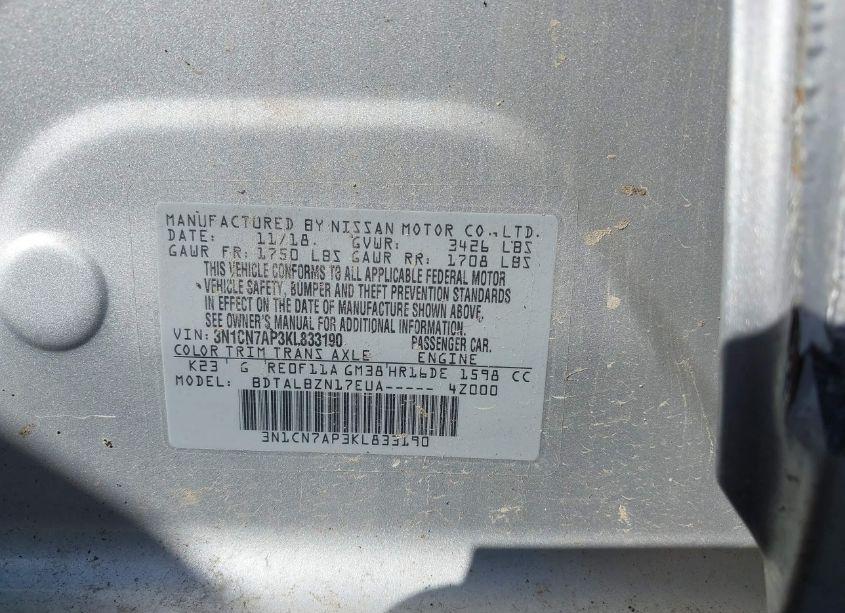 Photo 9 of 2019 Nissan Versa 1.6 SV (VIN 3N1CN7AP3KL833190)