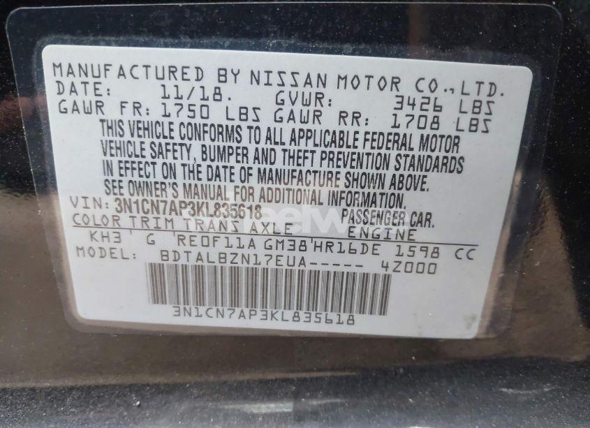 Photo 9 of 2019 Nissan Versa 1.6 SV (VIN 3N1CN7AP3KL835618)