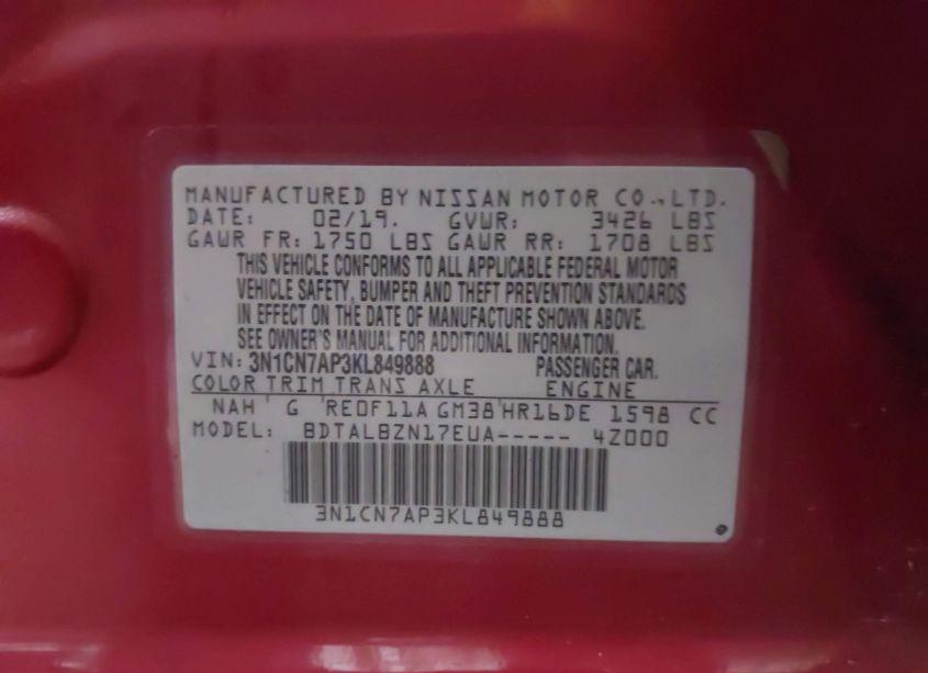 Photo 9 of 2019 Nissan Versa 1.6 SV (VIN 3N1CN7AP3KL849888)